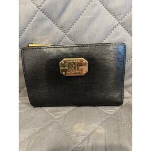 Ralph Lauren black & gold bifold leather wallet gold hardware zipper pockets‎
